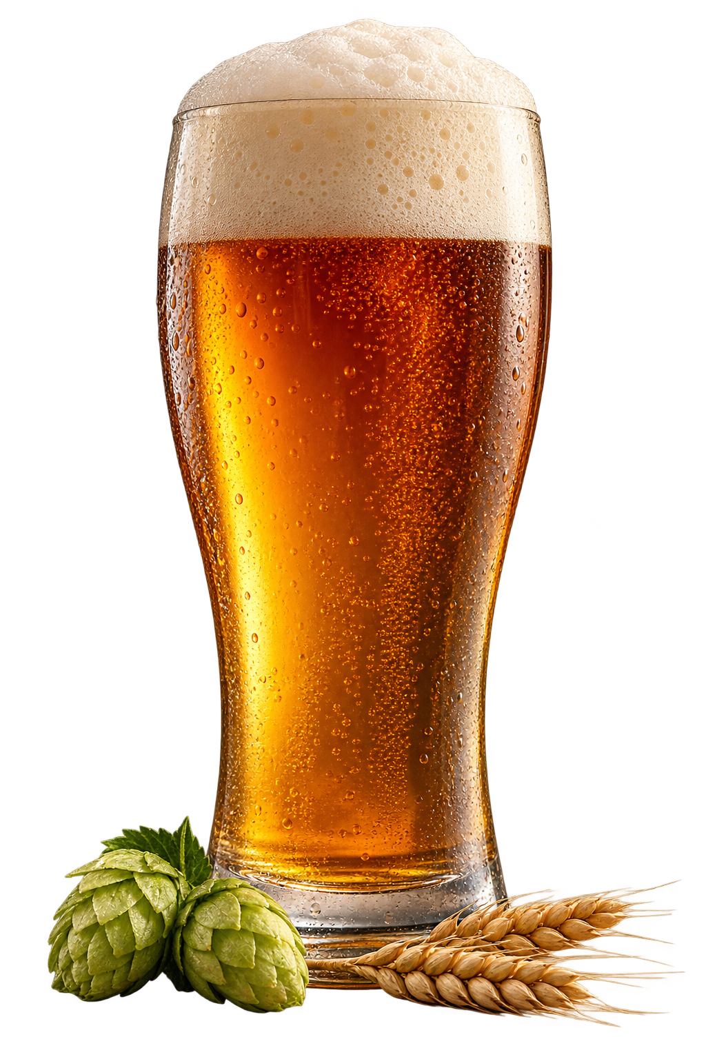 Symbolmotiv: Ein Glas bernsteinfarbenes Bier mit Hopfen und Gerste