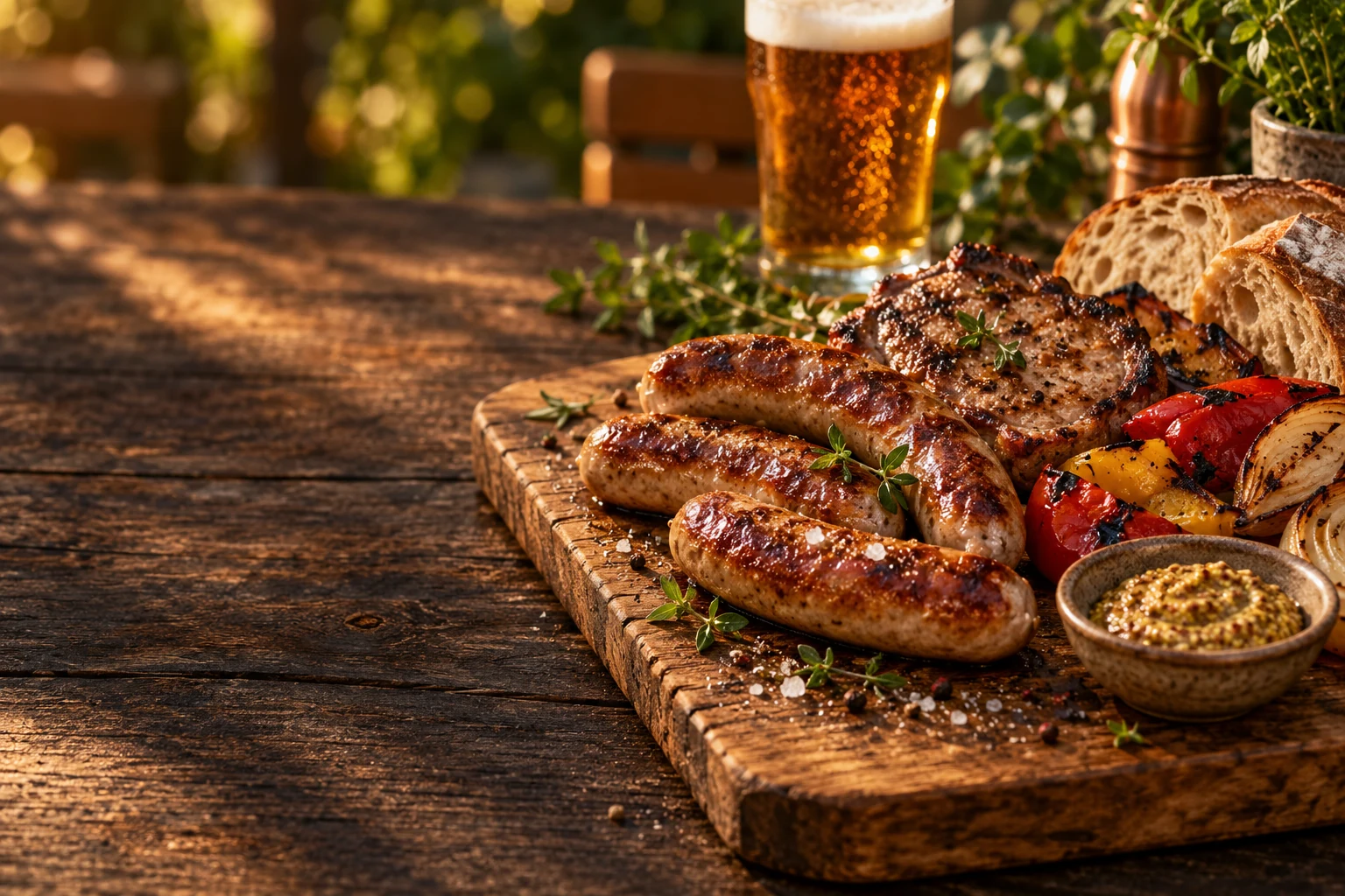 Illustratives Grillmotiv mit Bratwurst, Steak, Gemüse und Brot